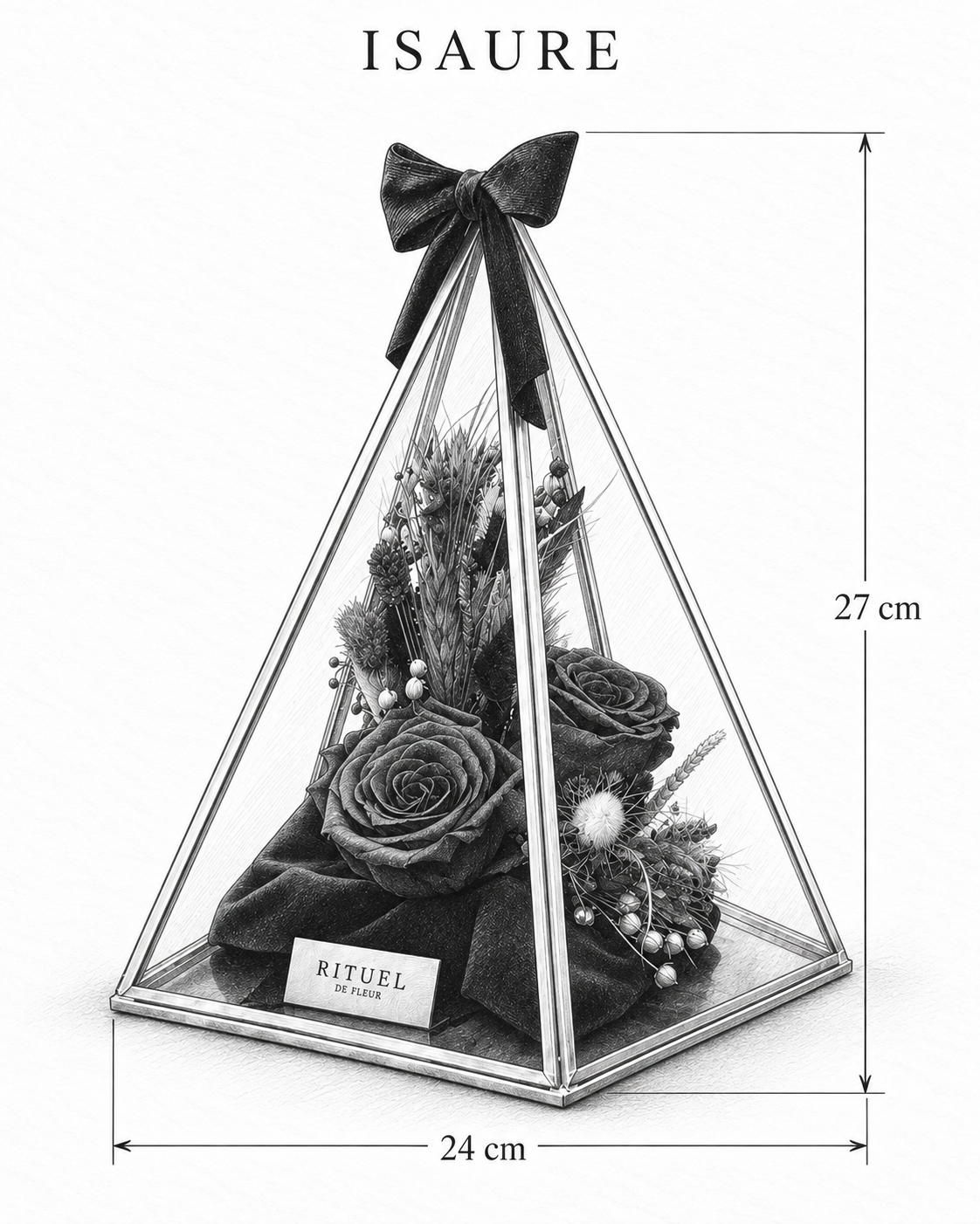 ISAURE — 24 cm genişlik, 27 cm yükseklik — ölçülü karakalem ürün çizimi