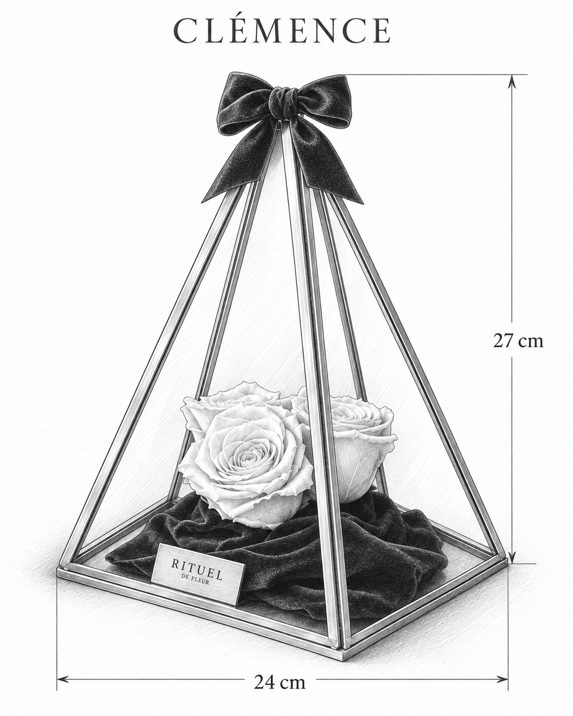 CLÉMENCE — 24 cm genişlik, 27 cm yükseklik — ölçülü karakalem ürün çizimi