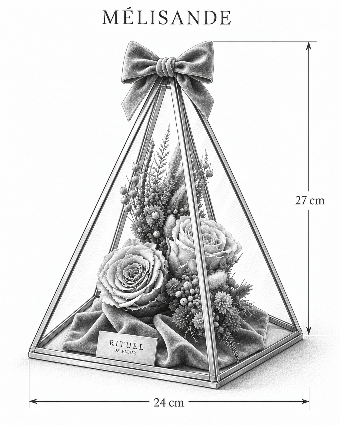 MÉLISANDE — 24 cm genişlik, 27 cm yükseklik — ölçülü karakalem ürün çizimi