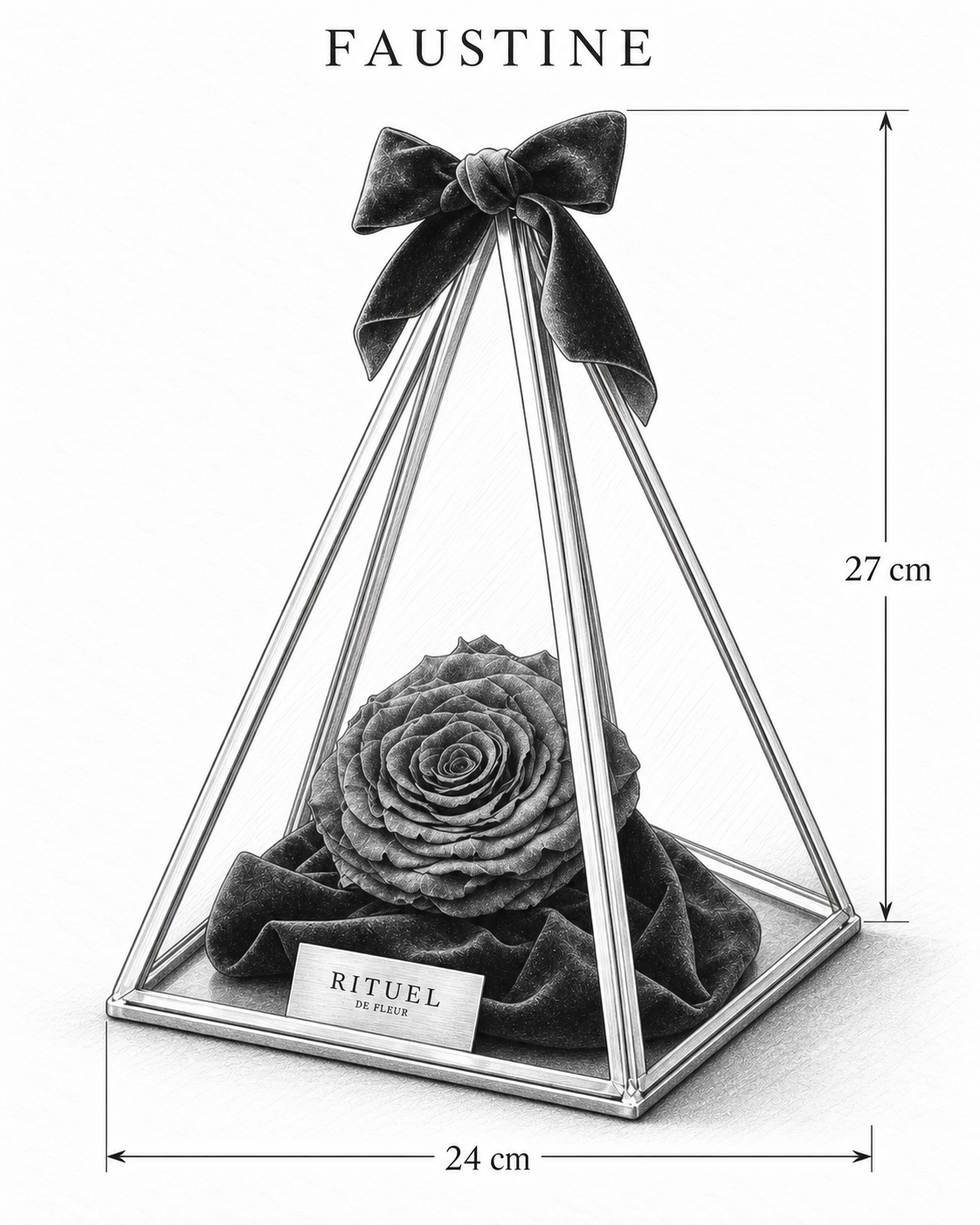 FAUSTINE — 24 cm genişlik, 27 cm yükseklik — ölçülü karakalem ürün çizimi