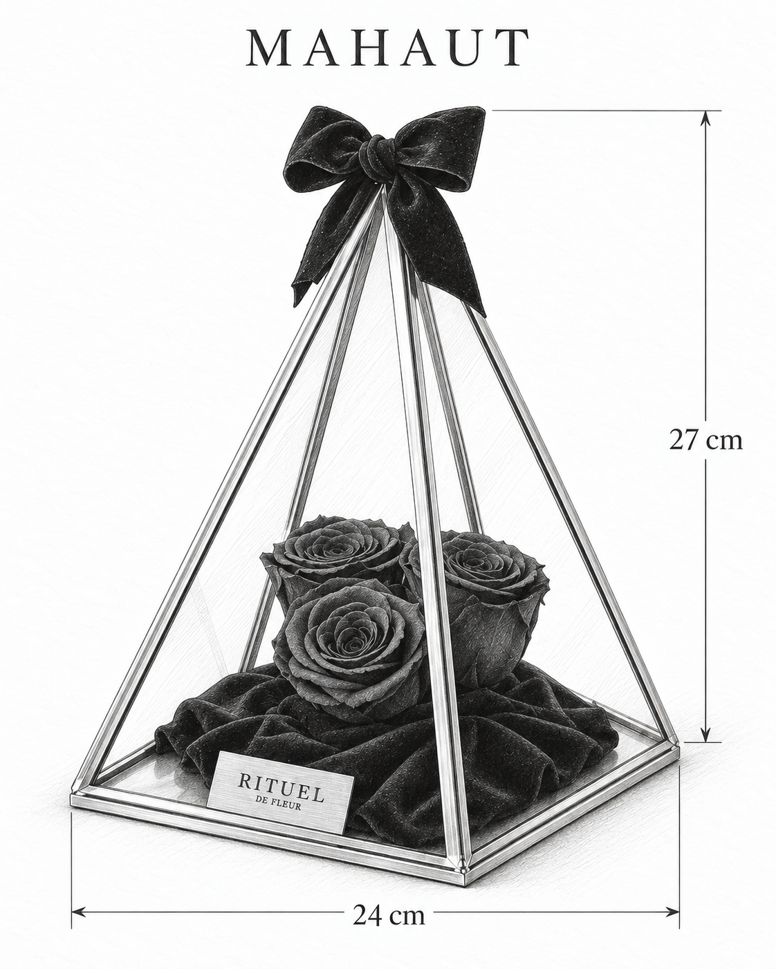 MAHAUT — 24 cm genişlik, 27 cm yükseklik — ölçülü karakalem ürün çizimi