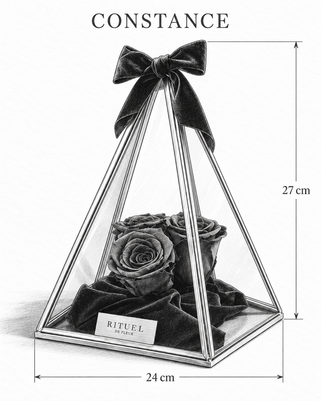 CONSTANCE — 24 cm genişlik, 27 cm yükseklik — ölçülü karakalem ürün çizimi