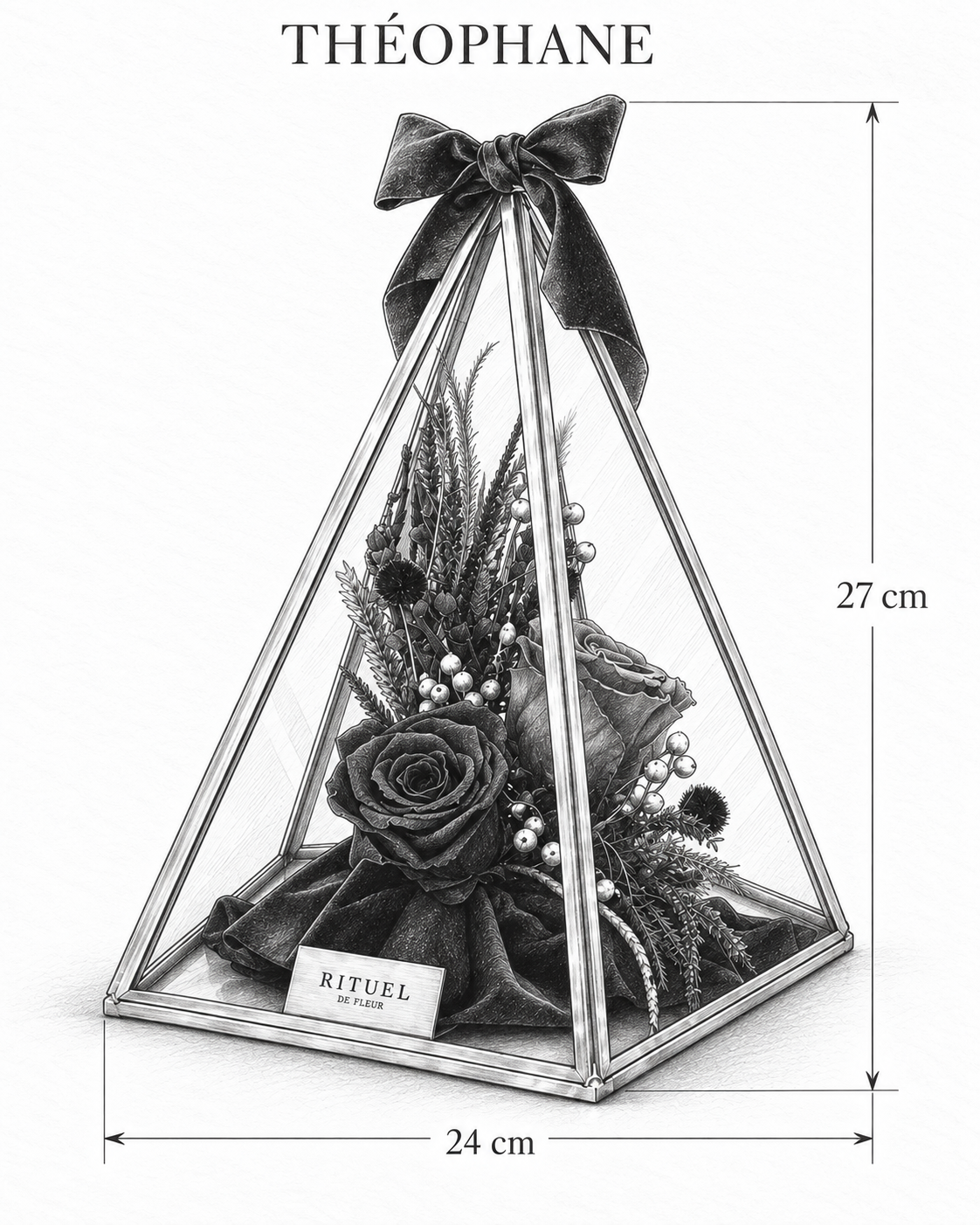THÉOPHANE — 24 cm genişlik, 27 cm yükseklik — ölçülü karakalem ürün çizimi