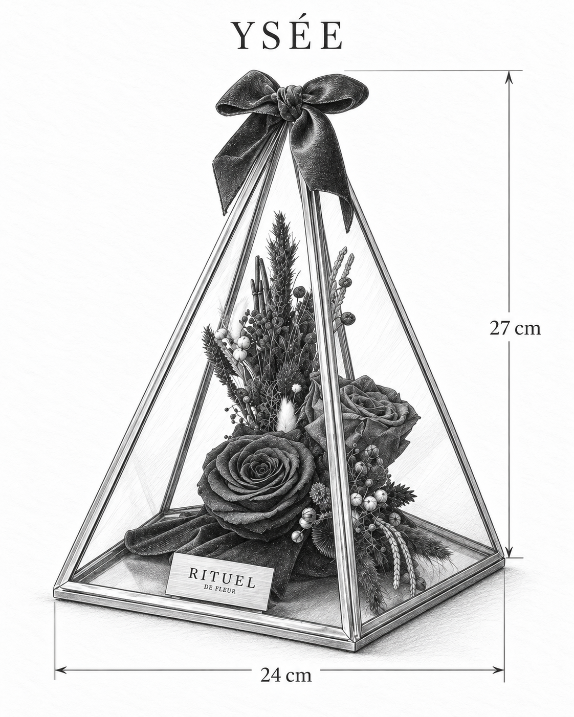 YSÉE — 24 cm genişlik, 27 cm yükseklik — ölçülü karakalem ürün çizimi