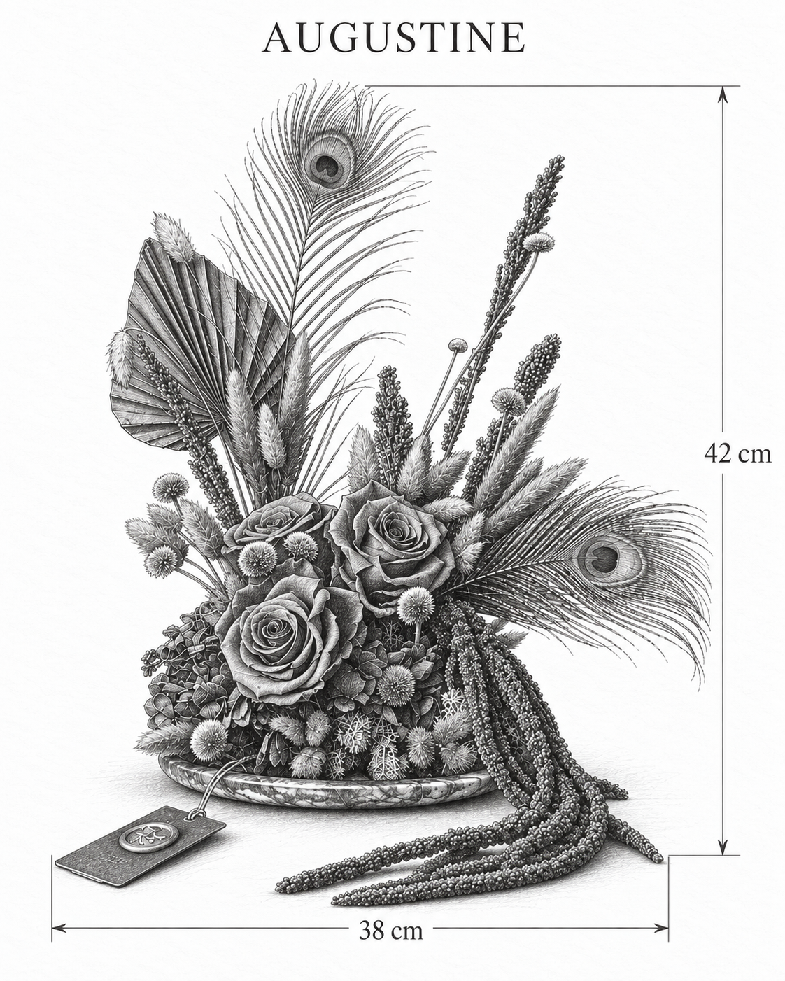 AUGUSTINE — 38 cm genişlik, 42 cm yükseklik — ölçülü karakalem ürün çizimi
