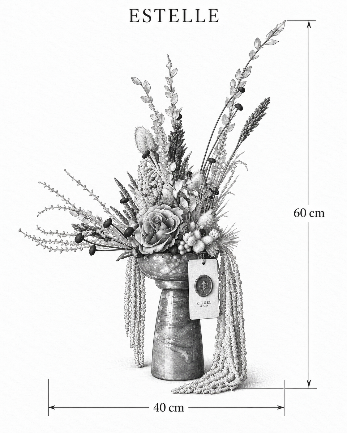 ESTELLE — 40 cm genişlik, 60 cm yükseklik — ölçülü karakalem ürün çizimi