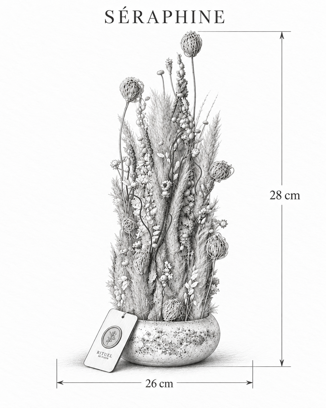 SÉRAPHINE — 26 cm genişlik, 28 cm yükseklik — ölçülü karakalem ürün çizimi